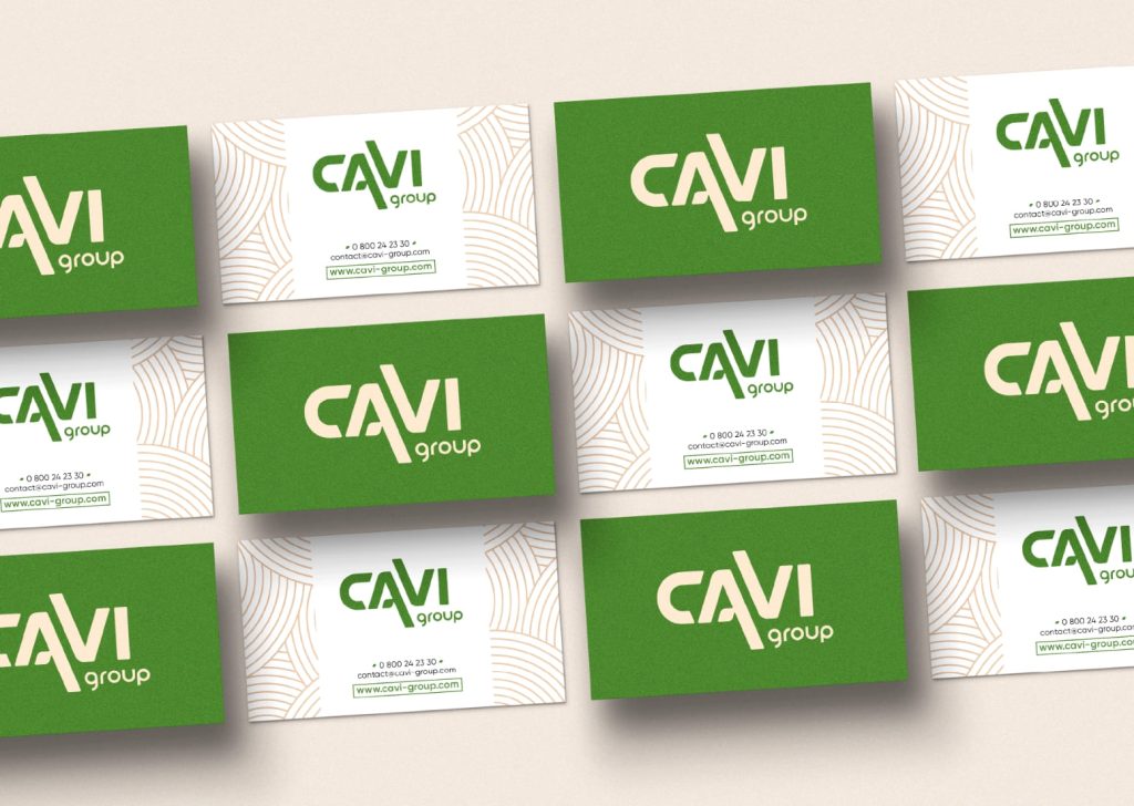 Cartes de visite CAVI Group avec trame visuelle et branding B2B épuré