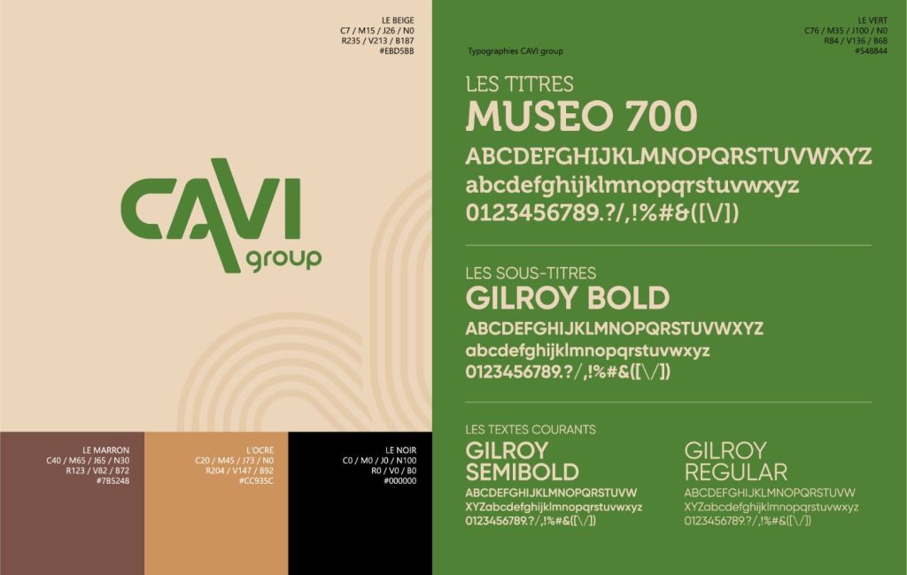 Mini charte graphique présentant le logo, les couleurs et les choix typographiques du nouveau branding de CAVI Group