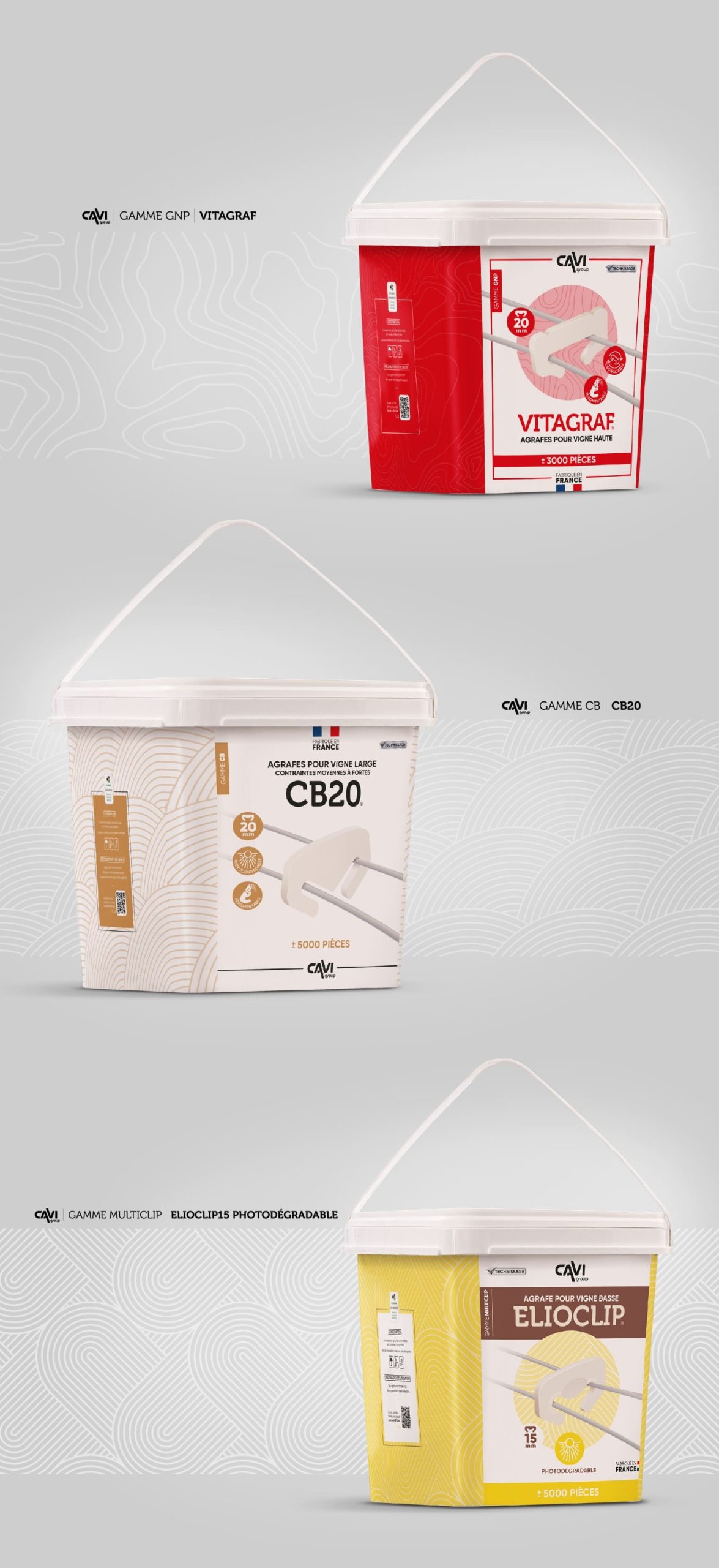 Seaux CB20 et ELIOLIP de CAVI Group, éléments visuels d’un système de packaging professionnel standardisé