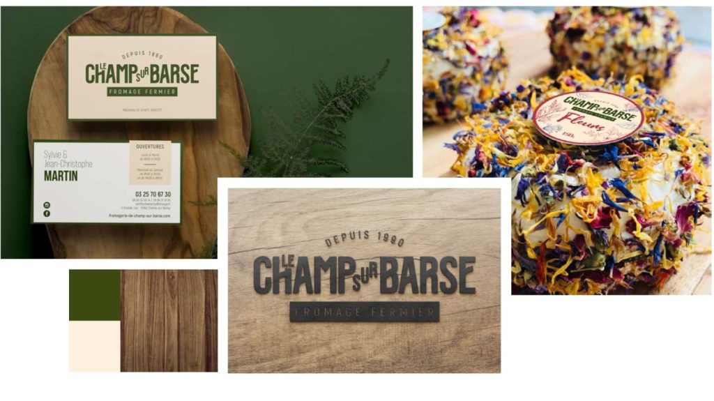 Design d’étiquette pour Le Champ sur Barse sur planche de bois, ancrage terroir du packaging produit fermier