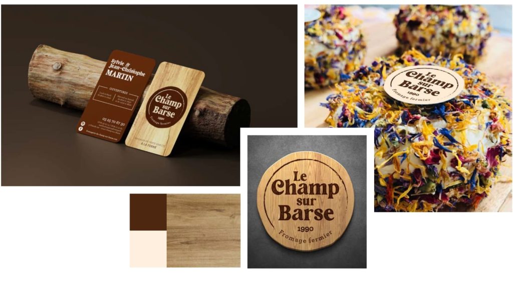 Fromages aux fleurs de Le Champ sur Barse avec étiquettes artisanales illustrant l’identité visuelle produits fermiers