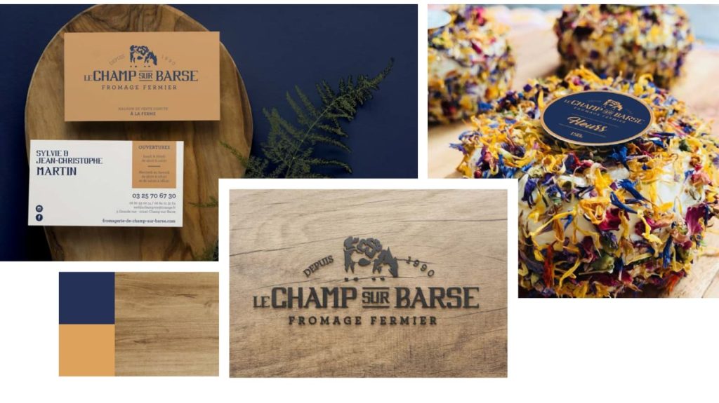Logo et couleurs de la marque Le Champ sur Barse, branding rustique et raffiné pour produits laitiers fermiers