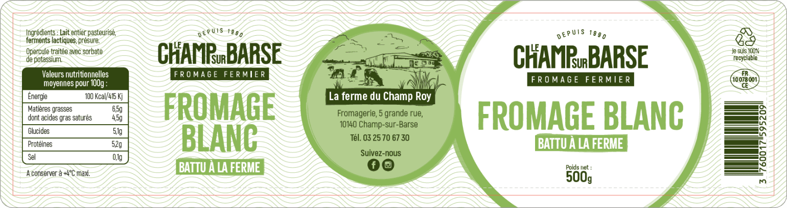 Étiquette complète produit Le Champ sur Barse conçue pour la vente en GMS, cohérente avec l’identité packaging fermière