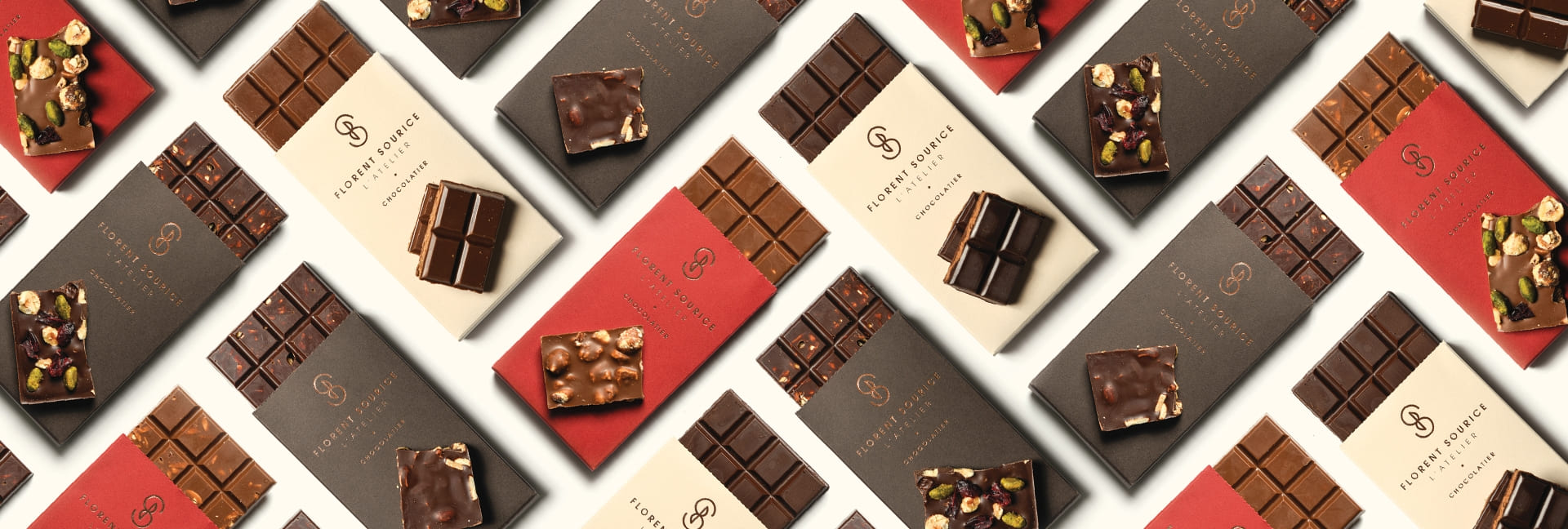 Packaging chocolat Florent Sourice : couleurs raffinées et branding cohérent pour la gamme de tablettes
