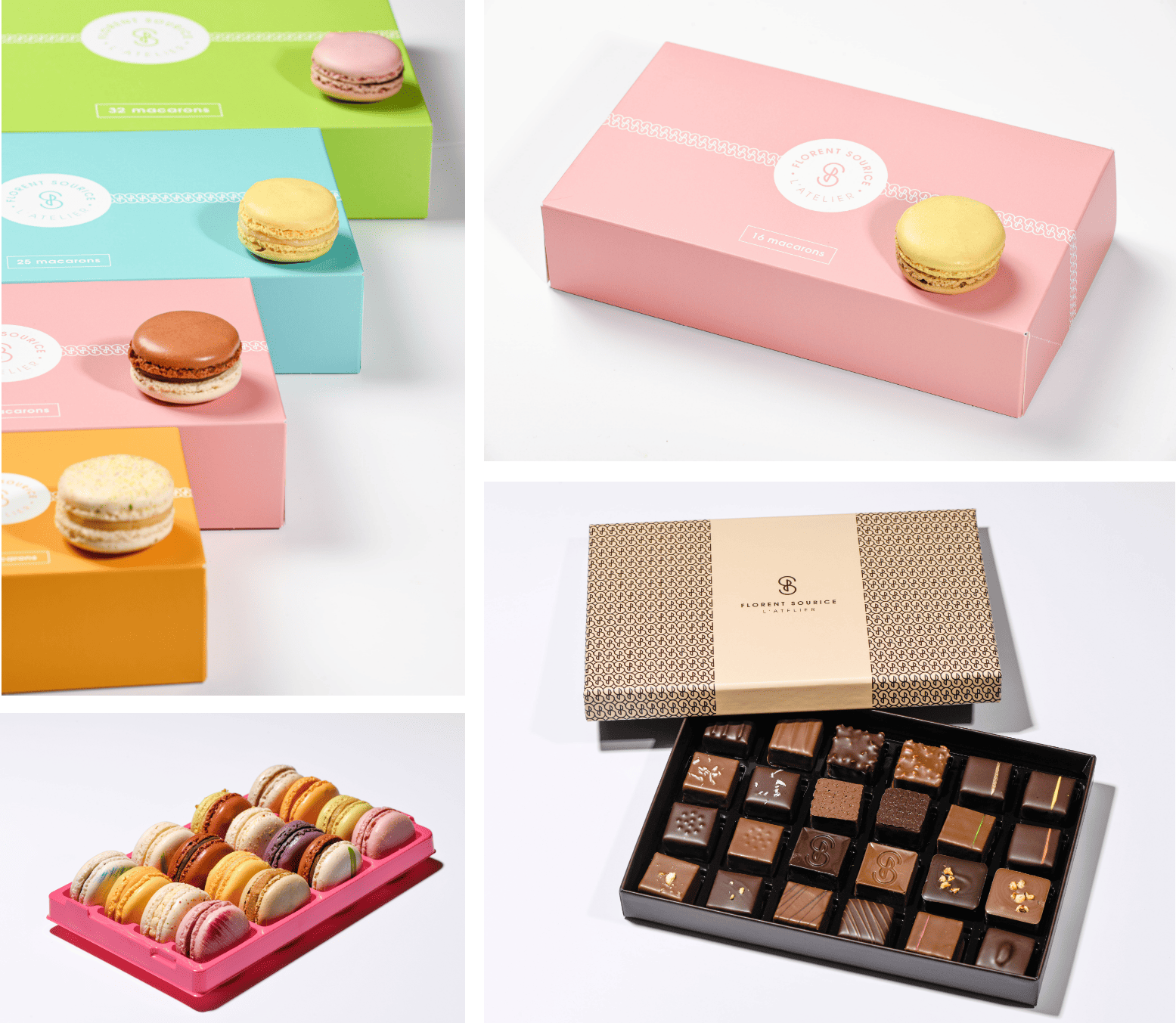 Coffrets de macarons et chocolats Florent Sourice, packagings pastel et design raffiné pour pâtisserie haut de gamme