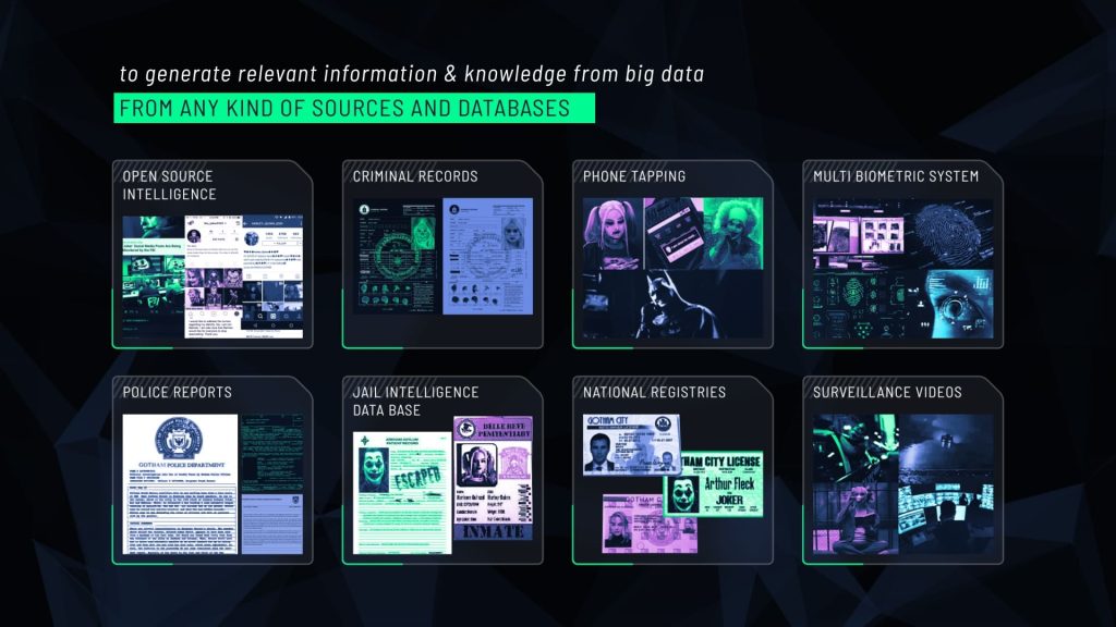 Slide d'un affichage dynamique pour la société Oppscience illustrant la résolution d'enquête policière avec l'aide de l'IA
