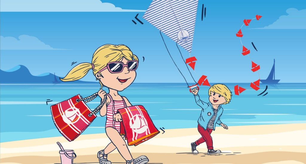 Affiche illustrée Petit Bateau dans un univers enfantin, support décoratif intégré à la communication retail