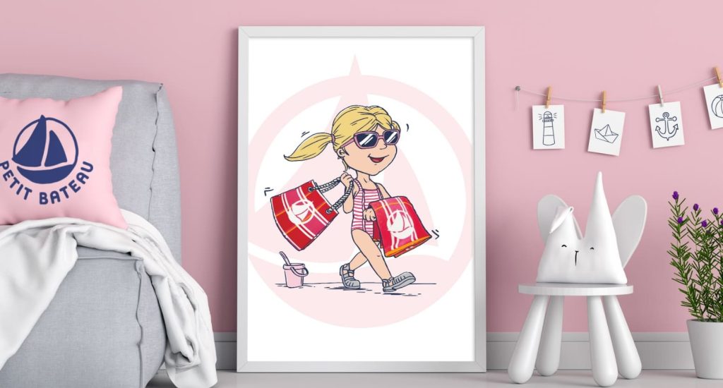 Illustration Petit Bateau avec enfants jouant sur la plage, support visuel coloré pour la communication retail enfant