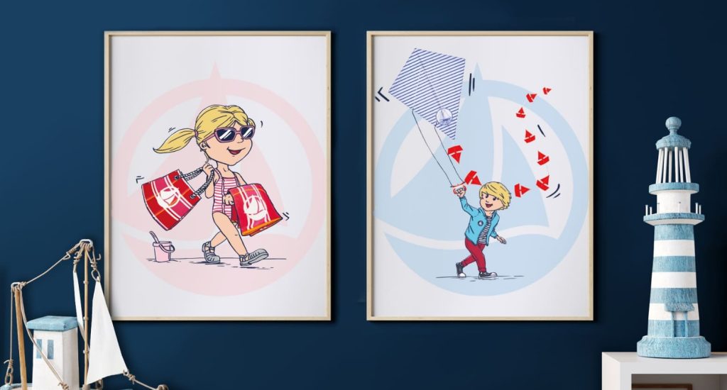 Affiches encadrées avec illustrations Petit Bateau, éléments graphiques pour la décoration magasin et supports visuels retail