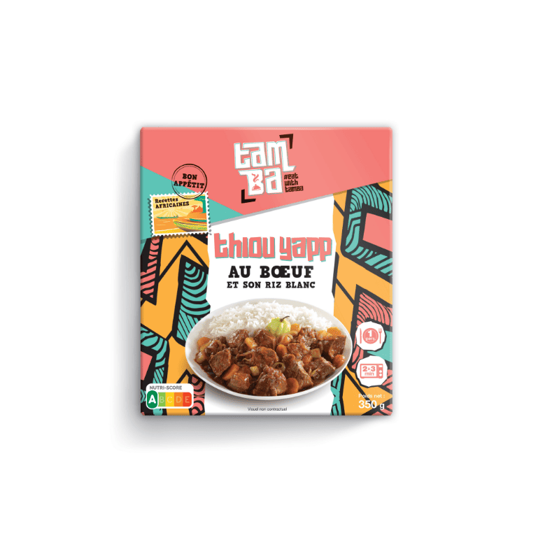 Packaging Tamba Thiou Yapp au bœuf, recette africaine en format individuel pour le rayon traiteur en grande distribution