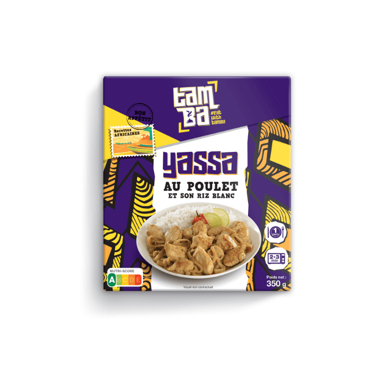 Visuel produit Tamba Yassa au poulet, packaging alimentaire afro en format prêt à réchauffer pour GMS