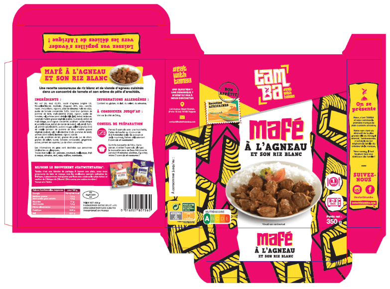 Visuel produit Tamba pour Yassa au poulet, boîte illustrée pour rayon traiteur GMS afro