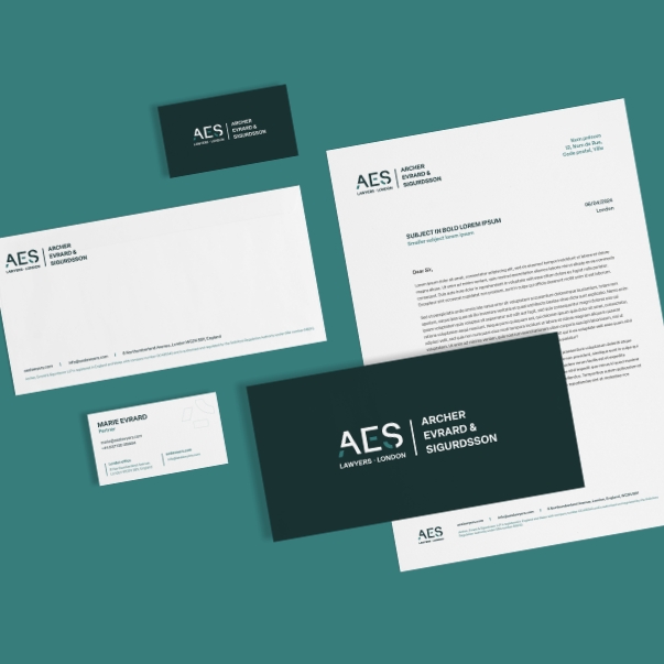 Identité de marque AES Lawyers déclinée sur l’ensemble des supports imprimés
