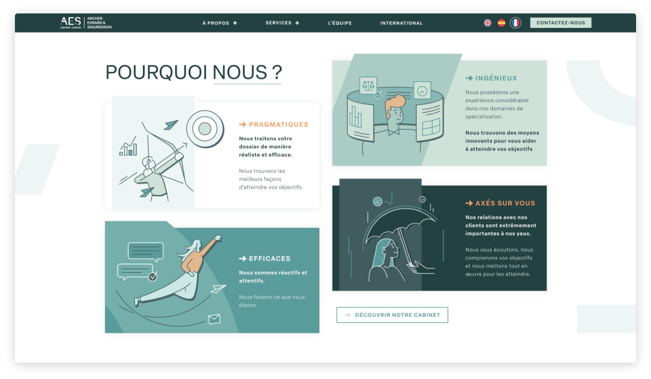 Page du site dédiée aux valeurs du cabinet AES Lawyers, structuration claire des arguments différenciateurs