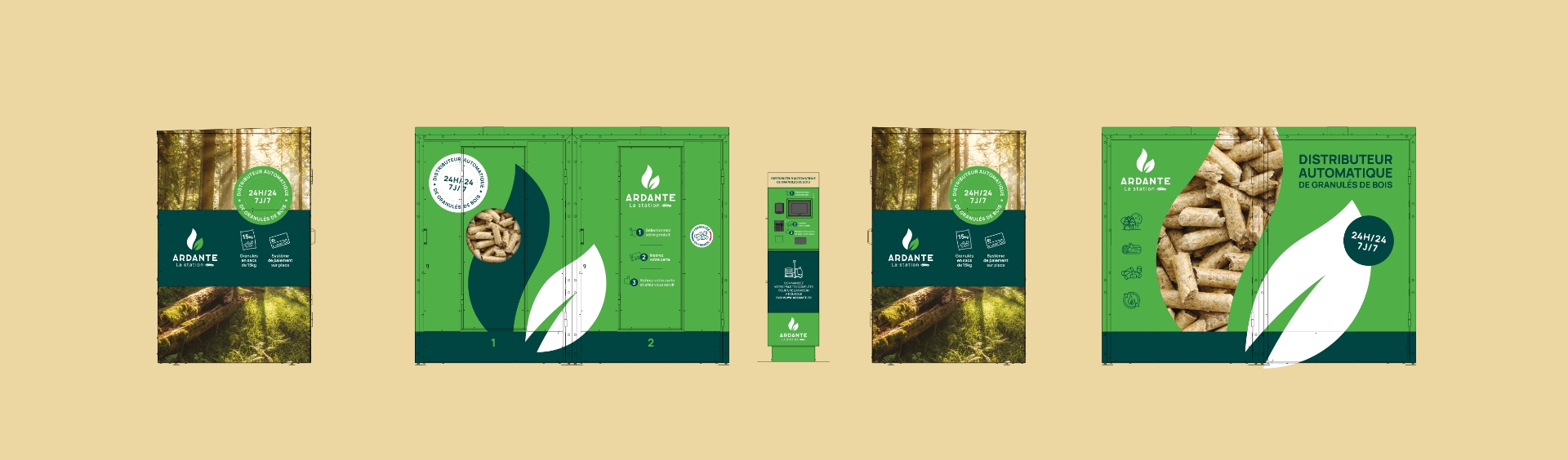 Supports PLV et habillage machine pour promouvoir les granulés bois sur un distributeur automatique de la société Ardante