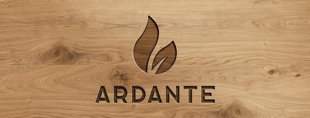 Logo Ardante gravé dans le bois pour symboliser le lien entre marque, nature et énergie renouvelable