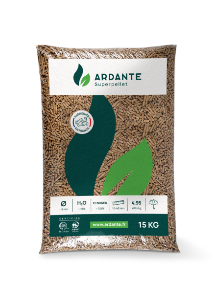 Packaging produit Ardante et système d’icônes illustrant le cycle logistique et les usages de l’énergie bois