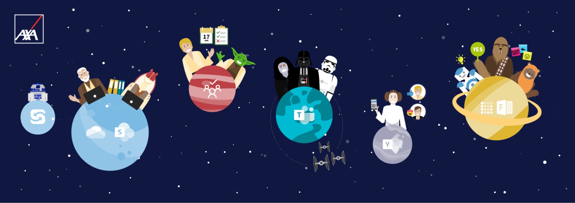 Illustration d’univers fictifs pour animer une campagne interne AXA, sensibilisation ludique aux outils et services numériques