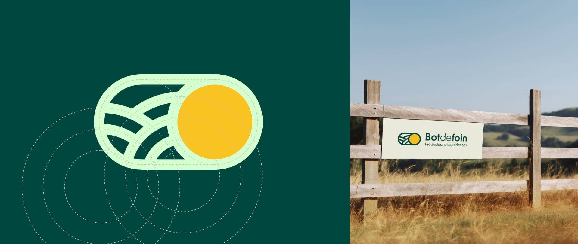 Signalétique et déclinaison du logo Botdefoin dans un contexte rural authentique