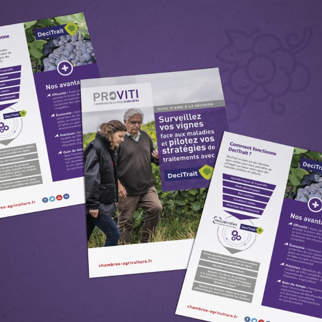 Support PROVITI avec codes visuels illustrés, déclinaison de communication agricole segmentée

