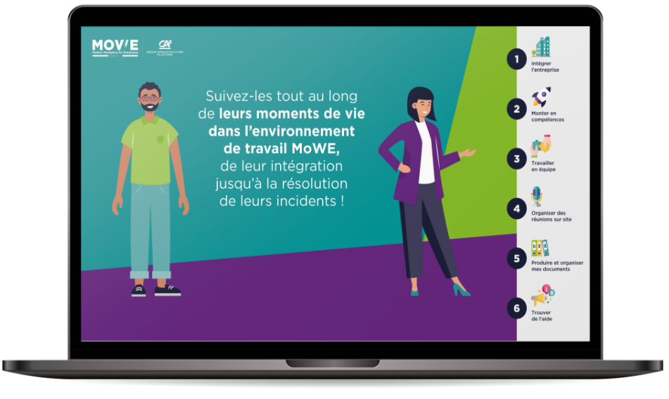 Slide de présentation MoWE avec mascottes, univers illustré pour acculturation numérique Crédit Agricole