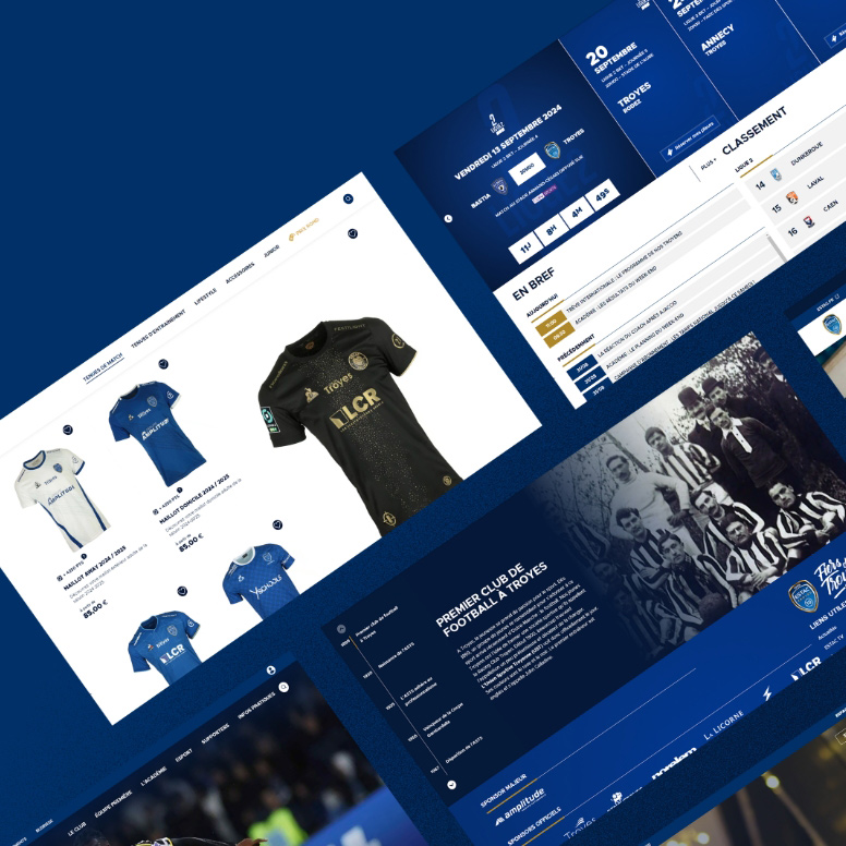 Pages vitrine et aperçu de la boutique en ligne du site internet ESTAC avec merchandising officiel du club de football