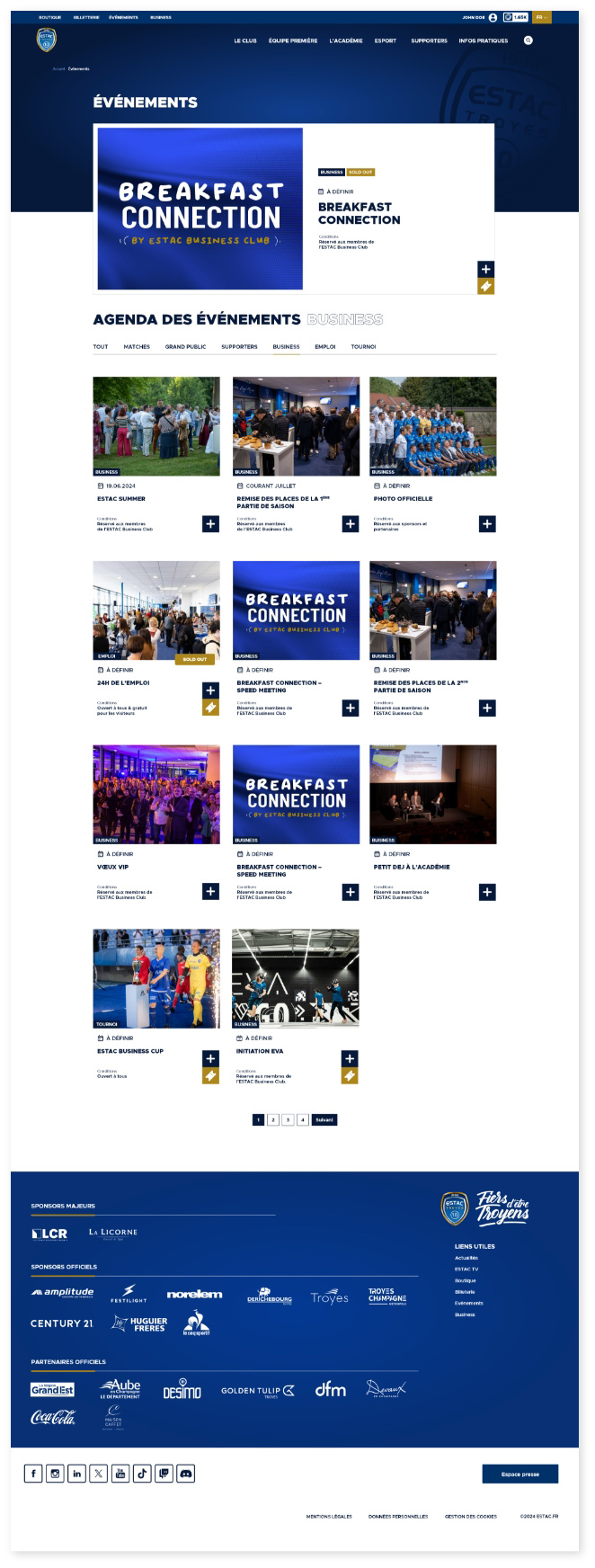 Vue de la nouvelle page événements sur le site de l’ESTAC, club de football professionnel