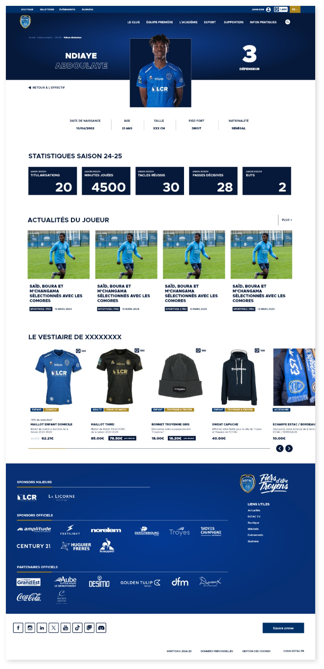 pages profils joueurs sur le site internet du club de football professionnel ESTAC
