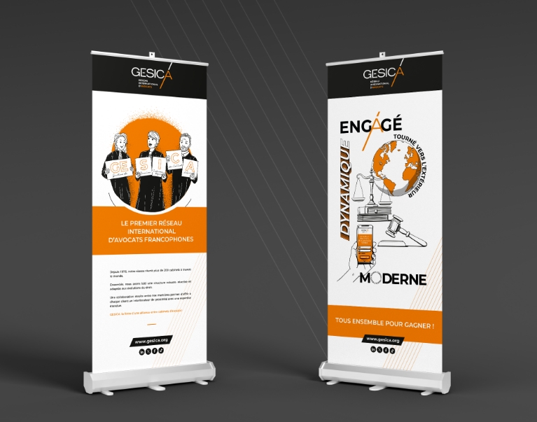 Roll-up événementiel Gesica – signalétique réseau d’avocats cohérente