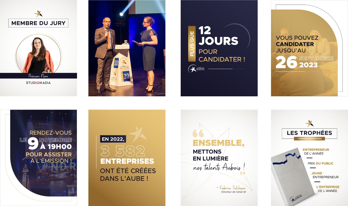 Séries de visuels créés pour les réseaux sociaux de la nuit des réussites : Linkedin, Facebook et Instagram