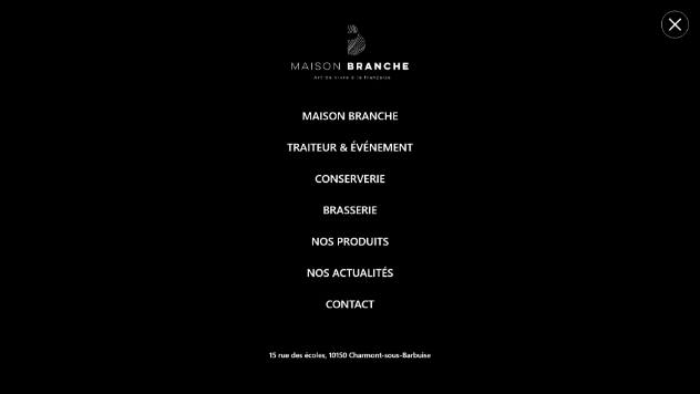 Menu principal du site Maison Branche en overlay, navigation vers les univers traiteur et produits