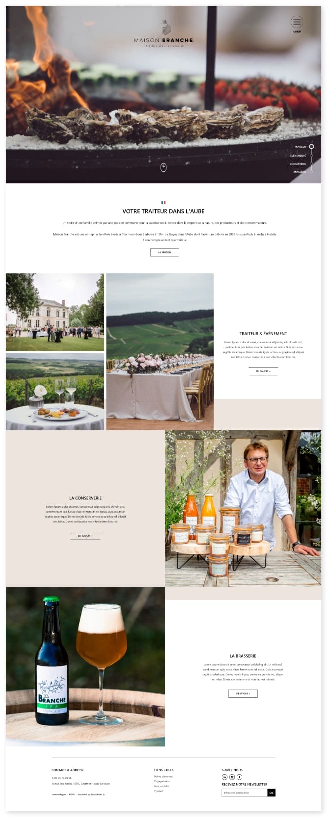 Page d’accueil du site Maison Branche avec visuel brasero et accès aux services événementiels