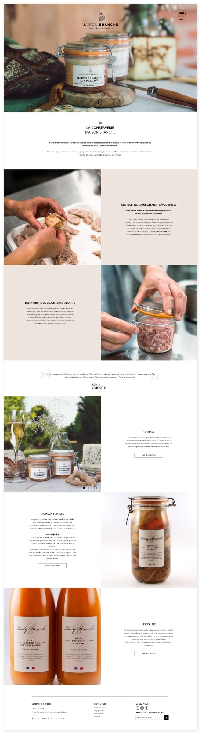 Capture de la page produits de la conserverie Maison Branche, présentation des terrines et plats cuisinés
