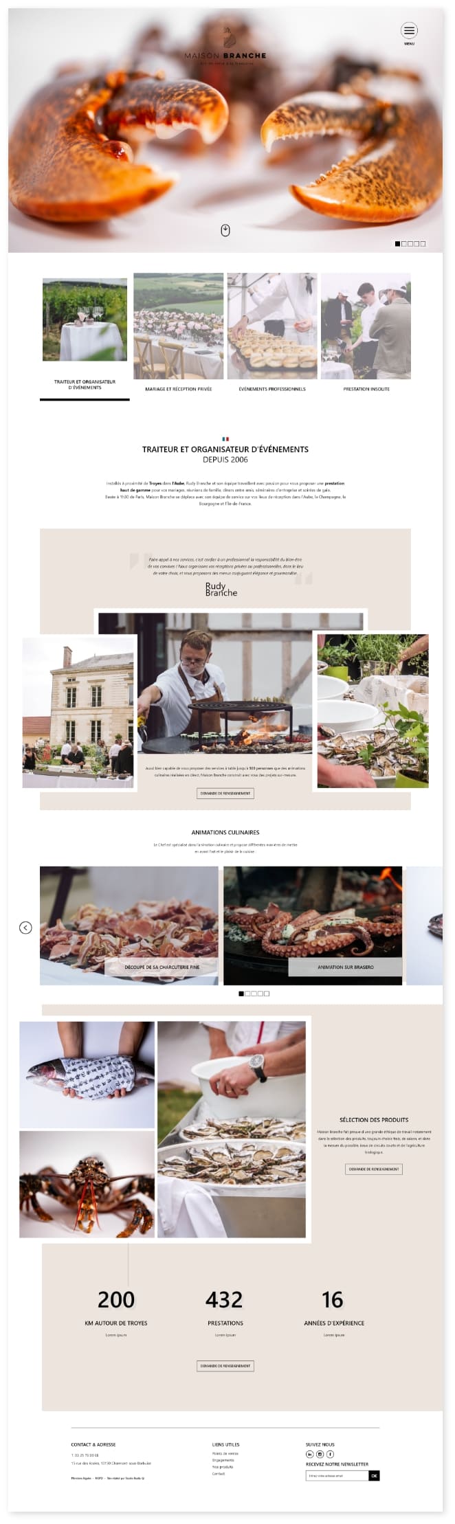 Vue d’ensemble du site Maison Branche avec navigation par sections : traiteur, conserves, brasserie