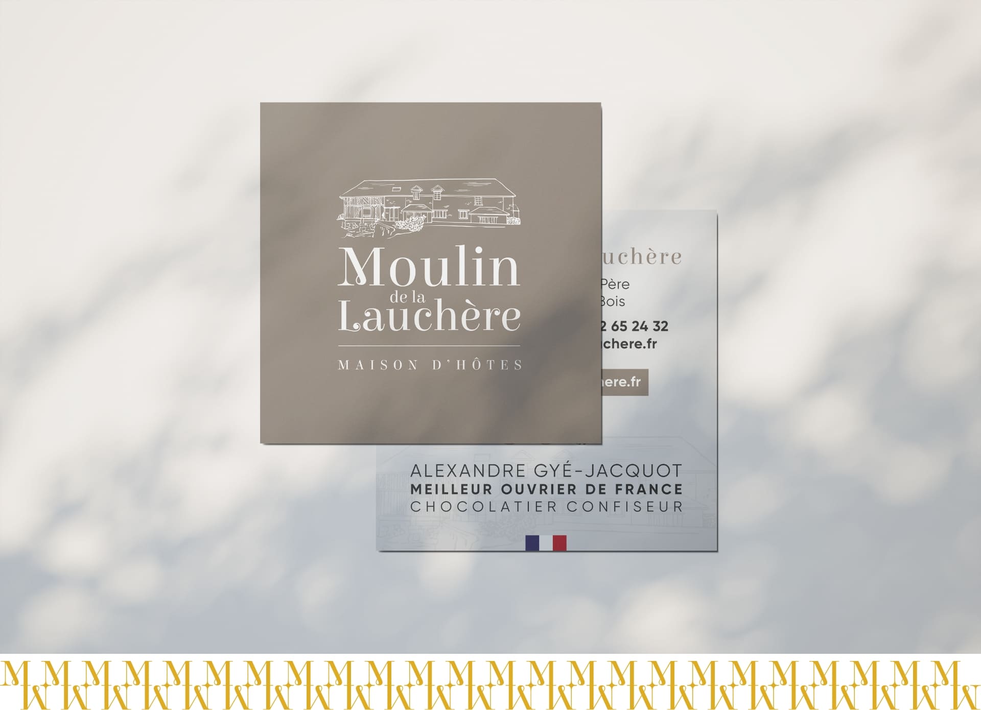 Carte de visite et étiquette produit du Moulin de la Lauchère, supports imprimés illustrant une identité de marque artisanale cohérente