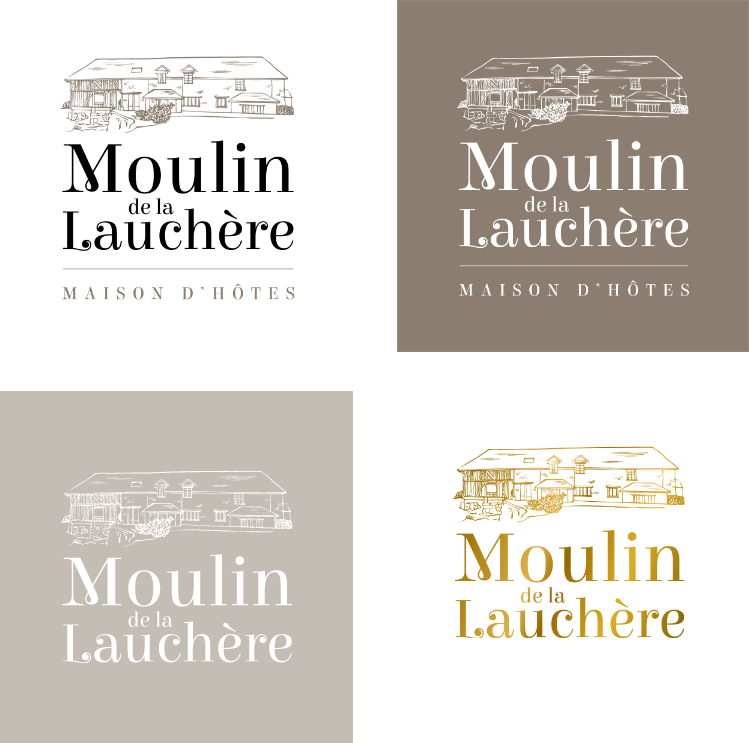 Déclinaisons du logo du Moulin de la Lauchère inspirées de son architecture et de son univers artisanal haut de gamme