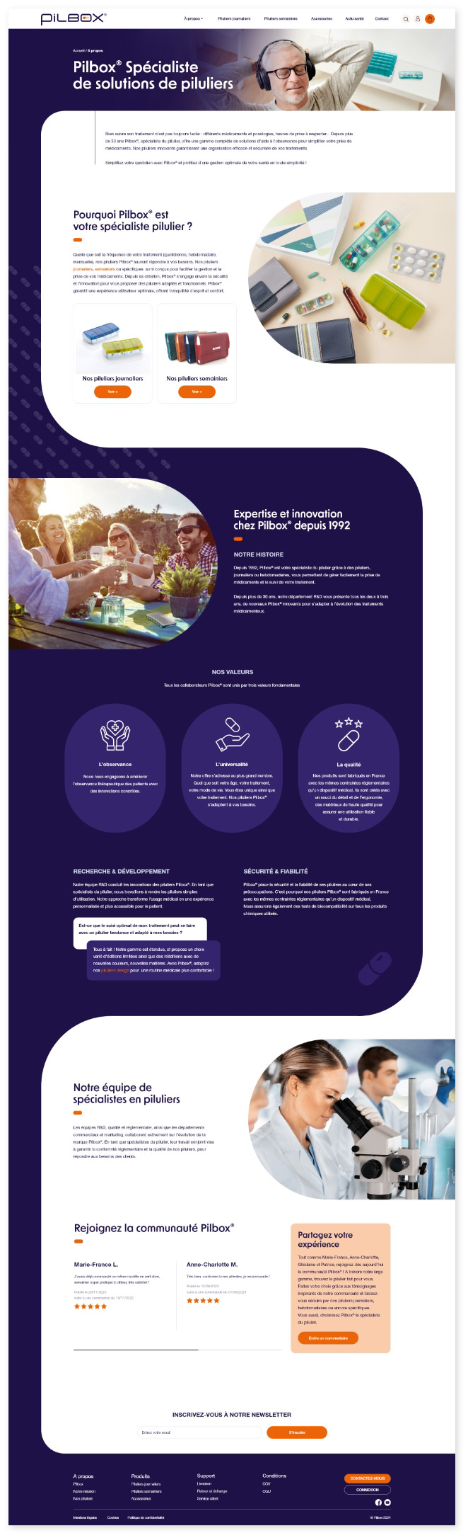 Page à propos Pilbox – expertise en piluliers, historique de la marque, valeurs, innovation santé et témoignages