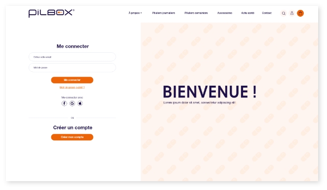Page de connexion Pilbox – espace client WooCommerce avec options de création de compte et de connexion sécurisée