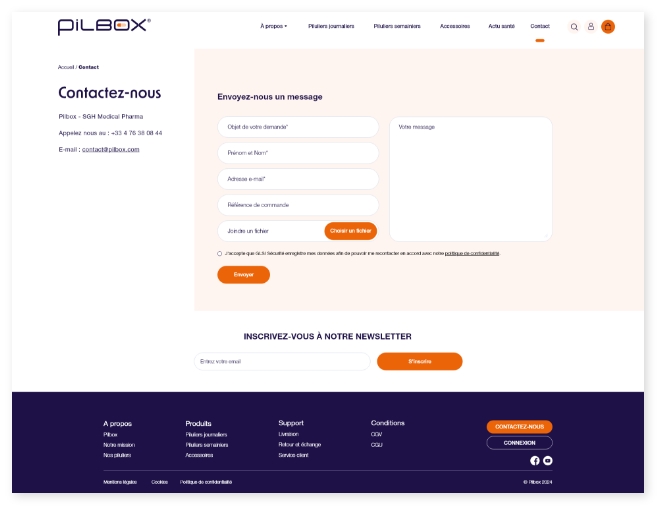 Page contact du site Pilbox – formulaire de demande, informations email et téléphone, inscription à la newsletter