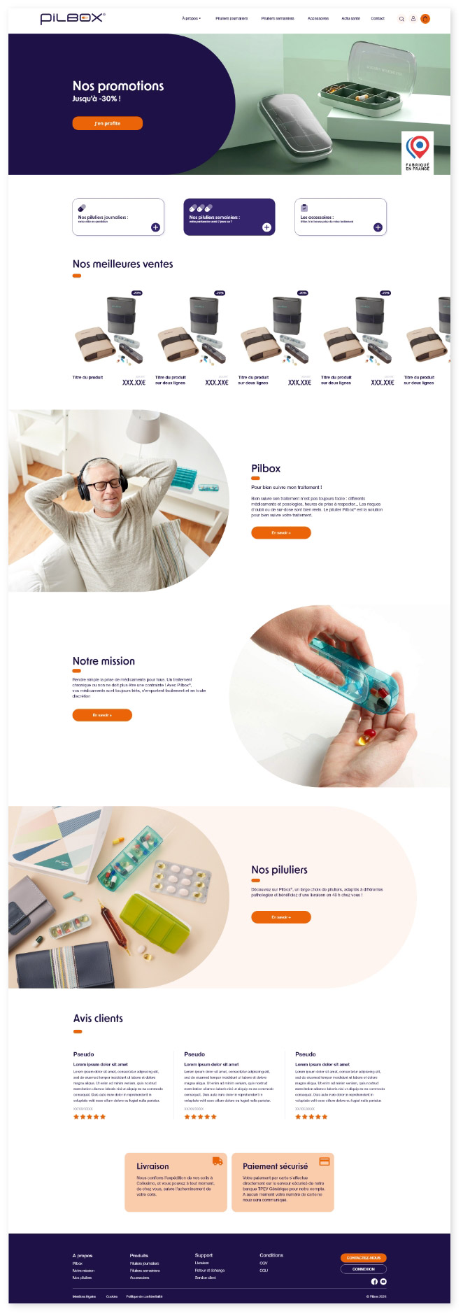 Page d’accueil Pilbox – mise en avant des promotions, piluliers best-sellers, valeurs de la marque et témoignages clients