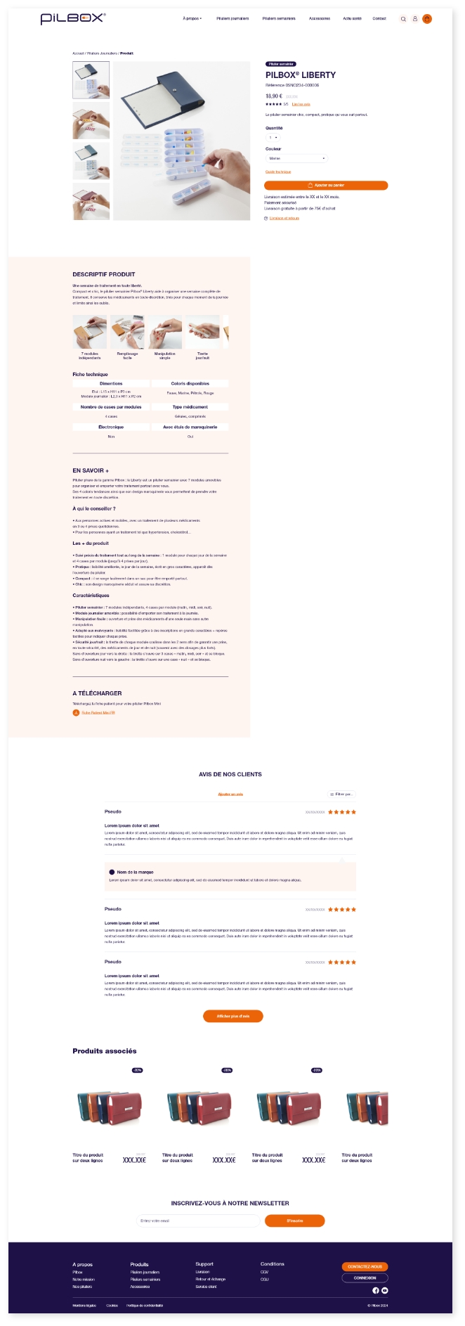 Fiche produit WooCommerce du pilulier Pilbox Liberty – visuels multiples, détails techniques, avis clients et produits associés
