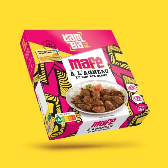 Packaging du plat cuisiné Mafé de la marque Tamba, illustrant une identité visuelle colorée et authentique inspirée des traditions culinaires africaines
