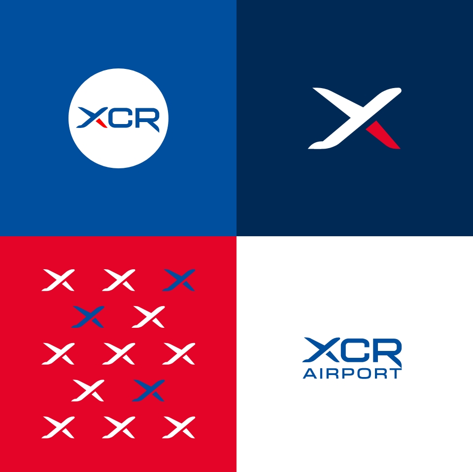 Déclinaisons graphiques du logo XCR et symboles associés pour l’univers visuel de l’aéroport
