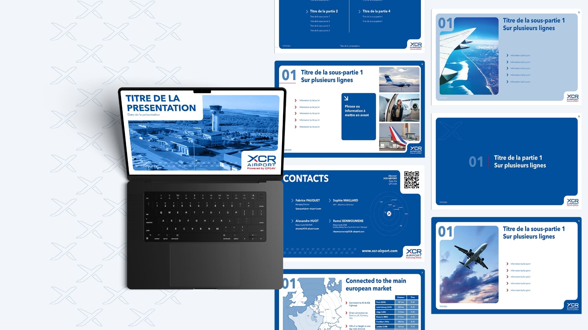 Présentation corporate XCR Airport sur support numérique, illustrant sa stratégie de communication B2B