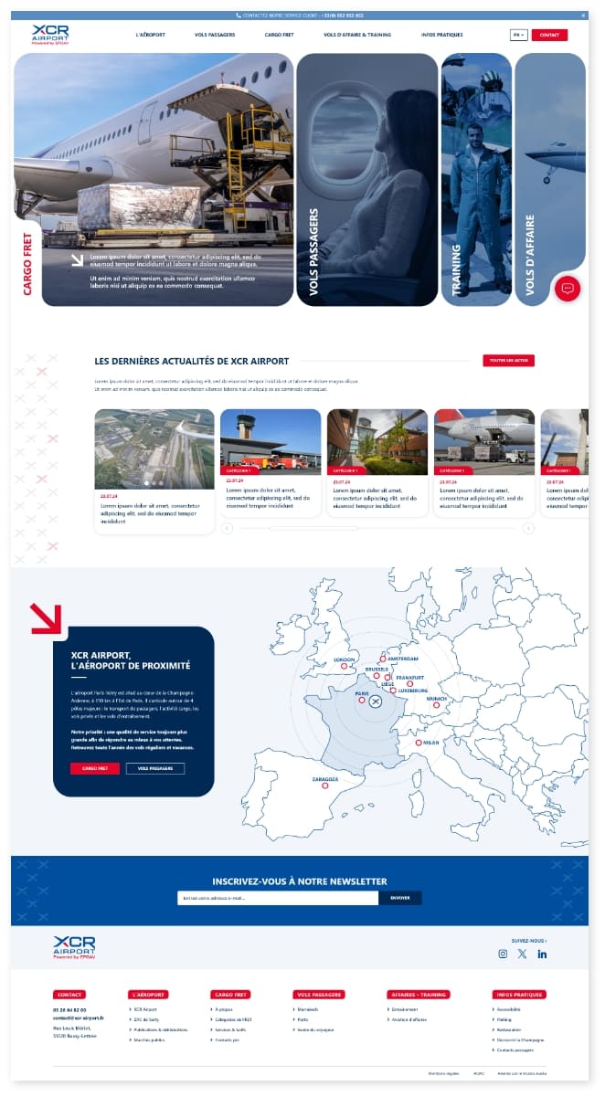 Capture d’écran de la page d’accueil du site XCR Airport, illustrant la navigation par typologie de visiteurs
