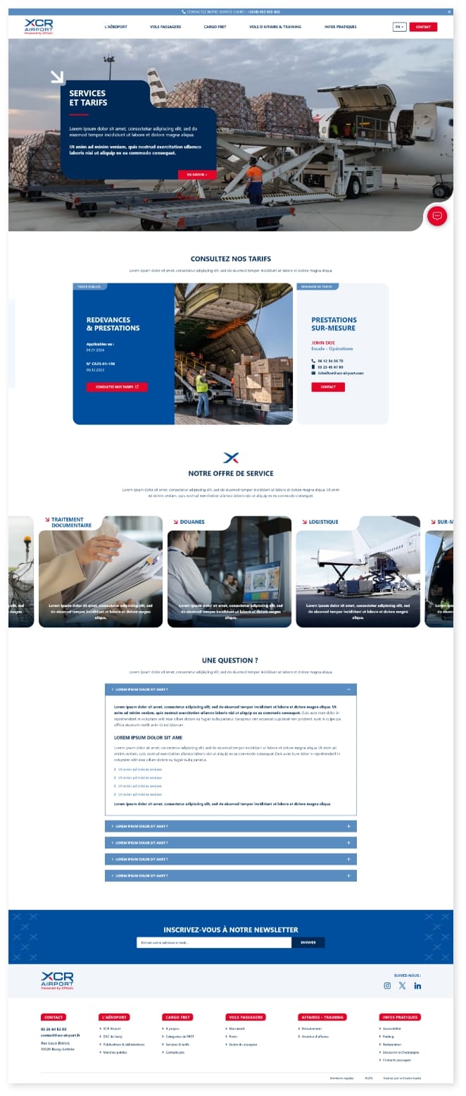 Capture d’écran de la page dédiée aux services et tarifs sur le site XCR Airport