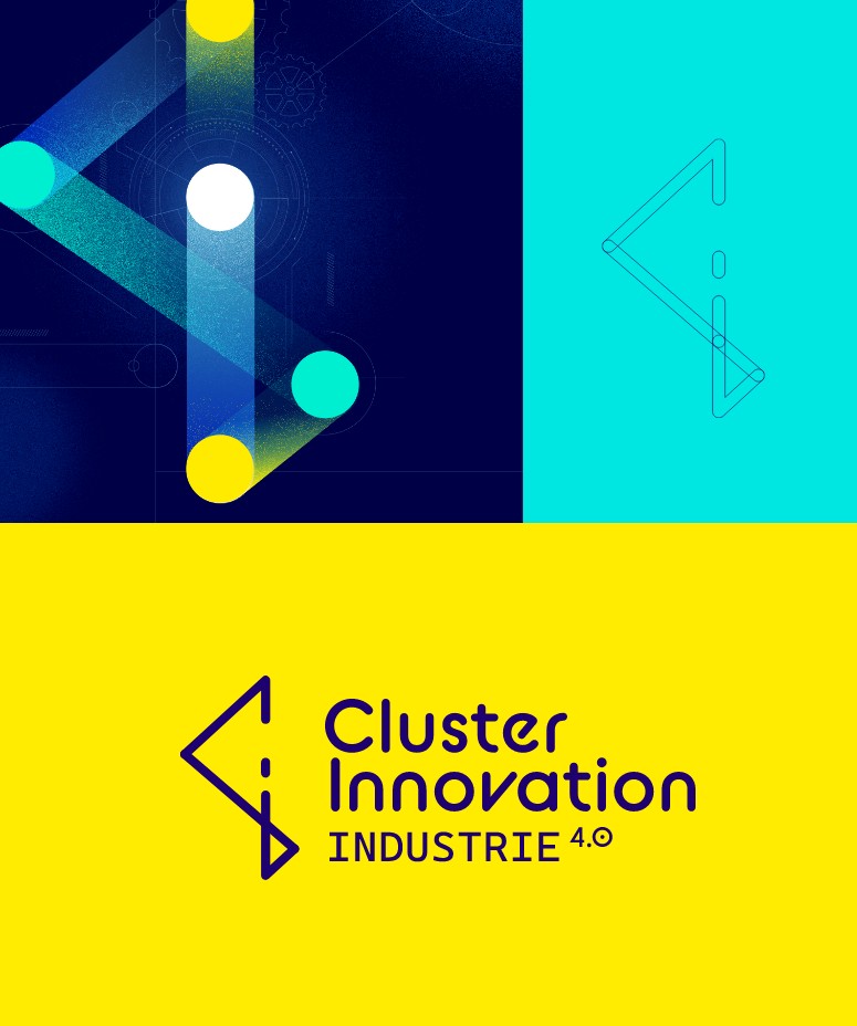 Déclinaison visuelle du logo Cluster Innovation pour différentes thématiques sectorielles