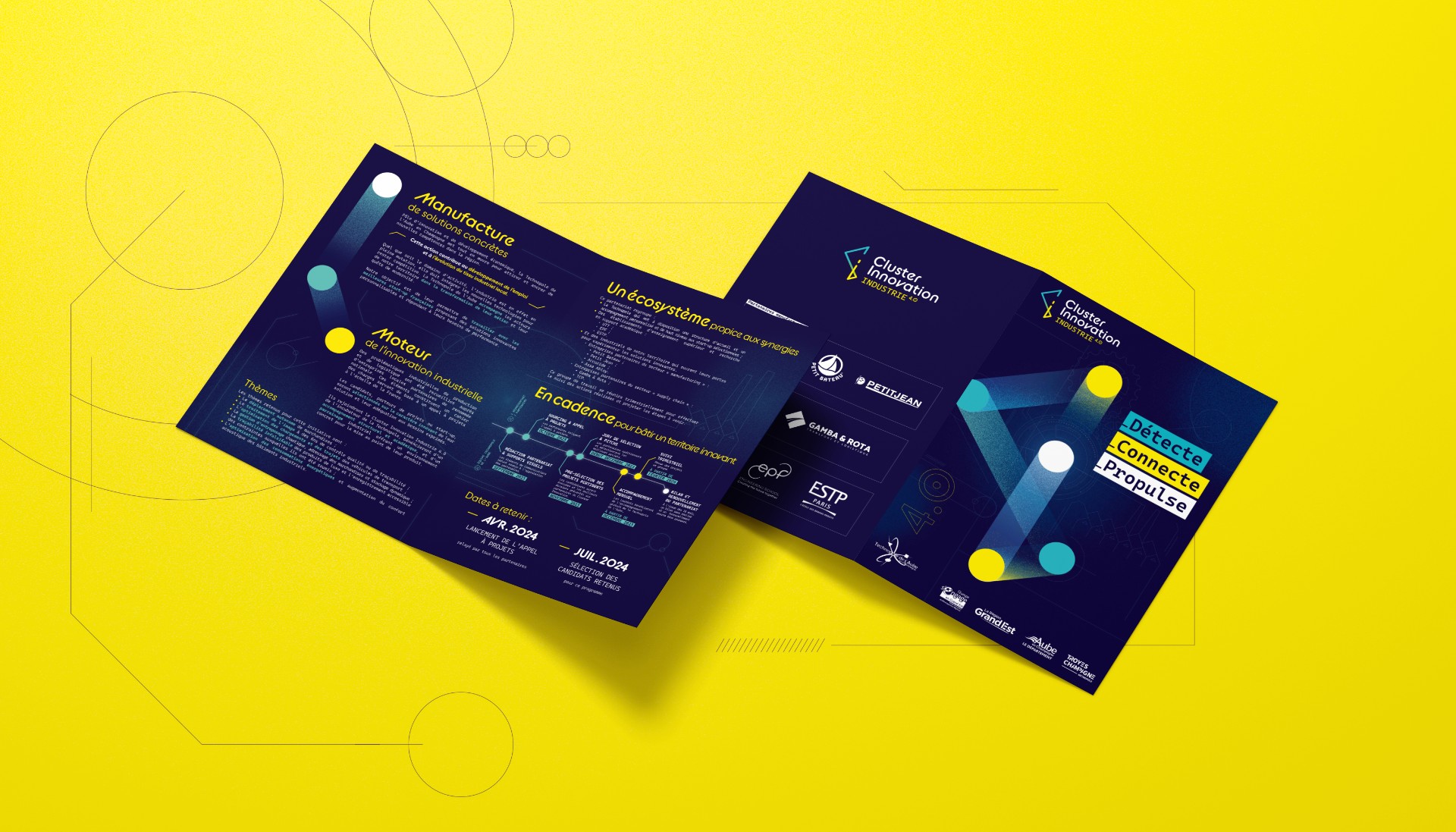 Plaquette de présentation des services du Cluster Innovation avec univers graphique cohérent