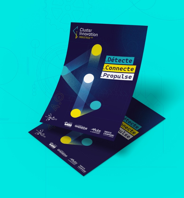 Dépliant de présentation du Cluster Innovation avec branding coloré et lignes dynamiques