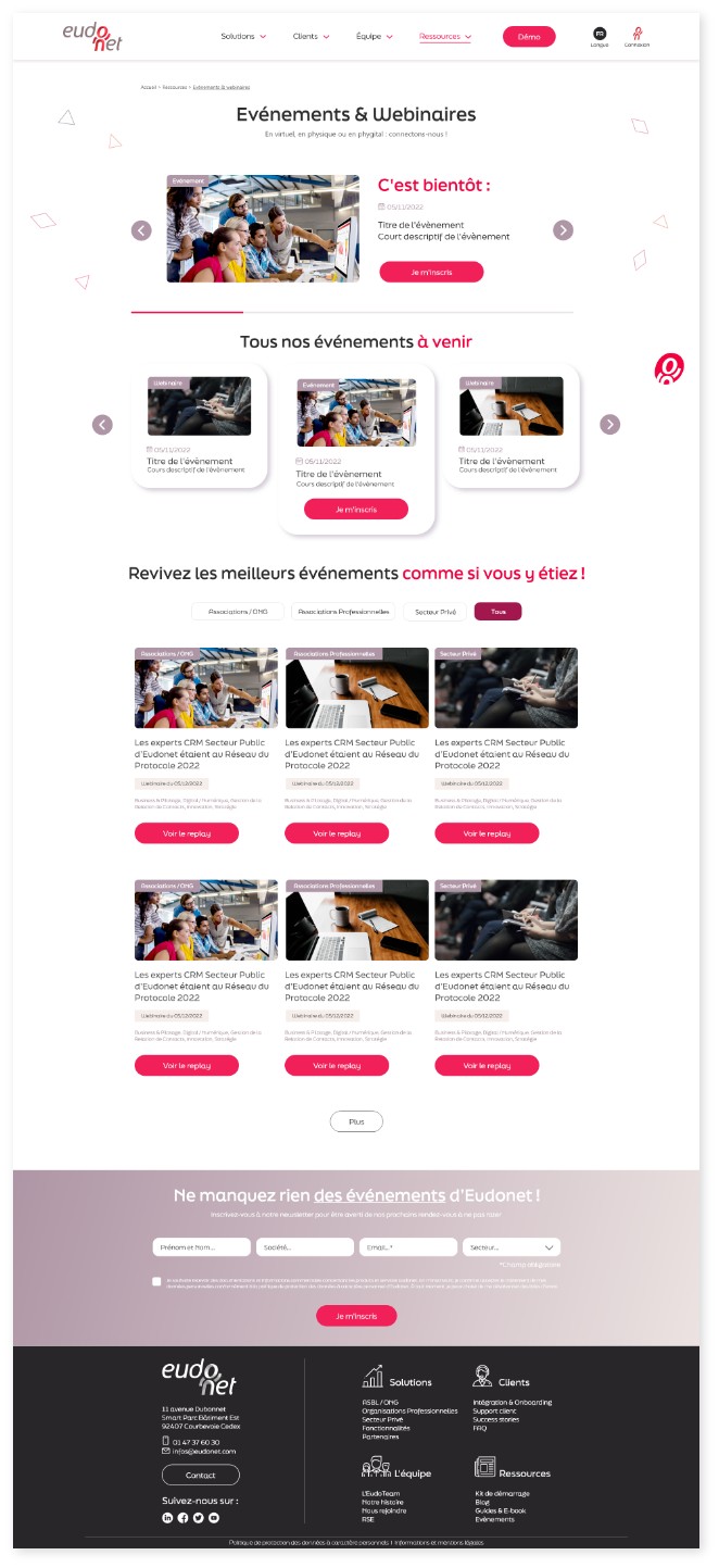 Pages internes du site CRM Eudonet avec blocs éditoriaux optimisés UX et synchronisation API